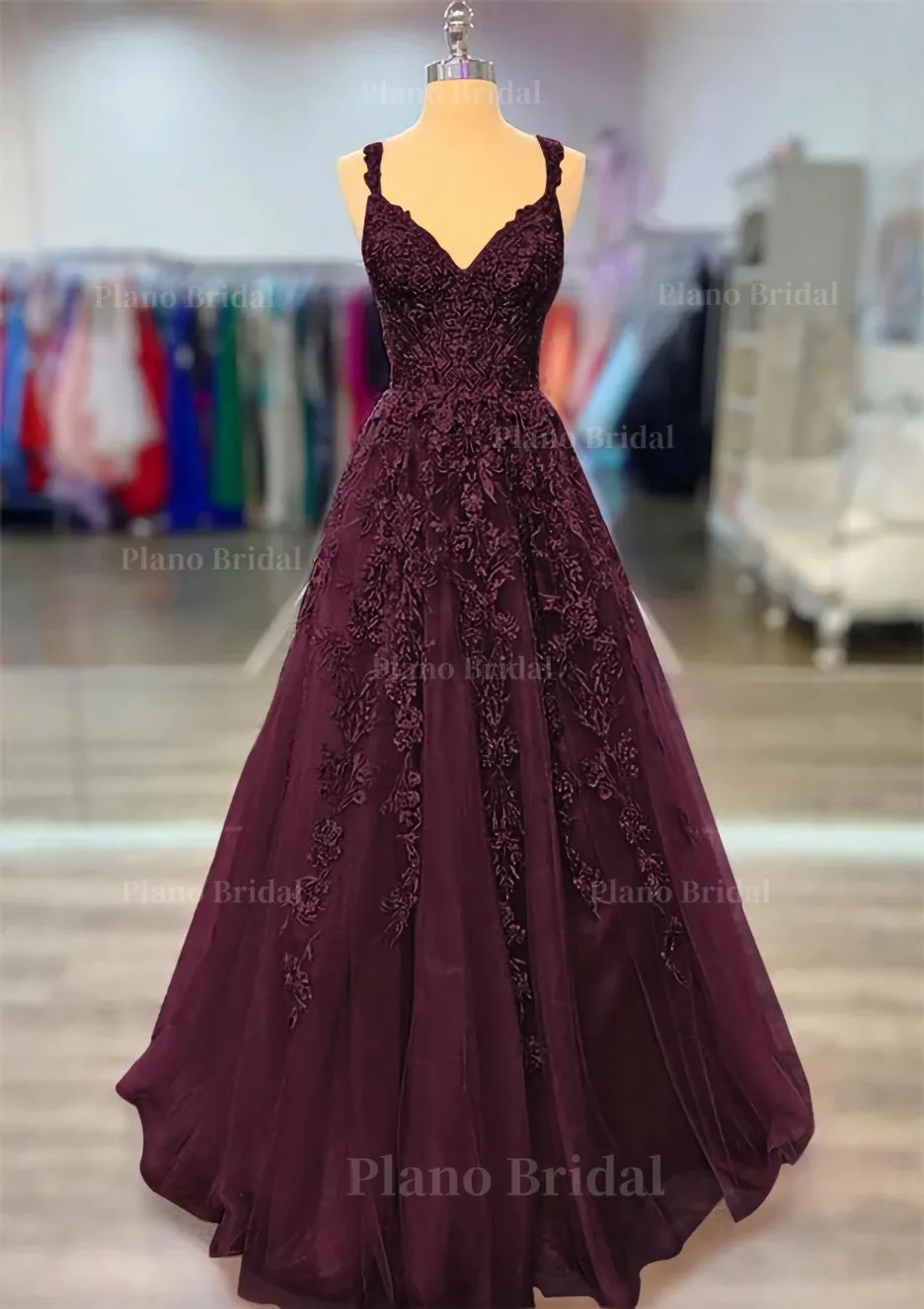 A-line V Neck Spaghetti Straps Long/Floor-Length Lace Prom Dress With Beading