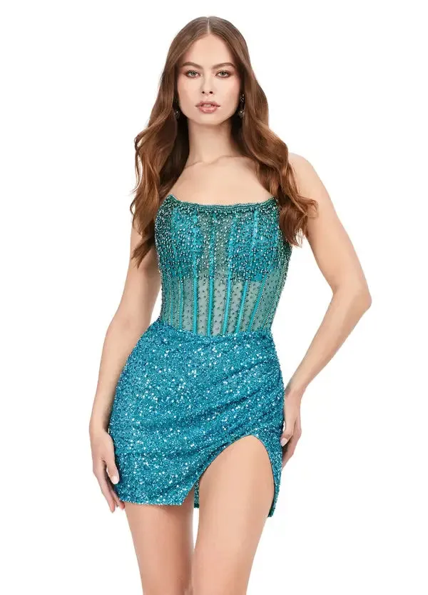 Ashley Lauren 4564 Size 16 Nude Cocktail Dress Short Sheer Beaded Maxi Slit Formal Corset Homecoming