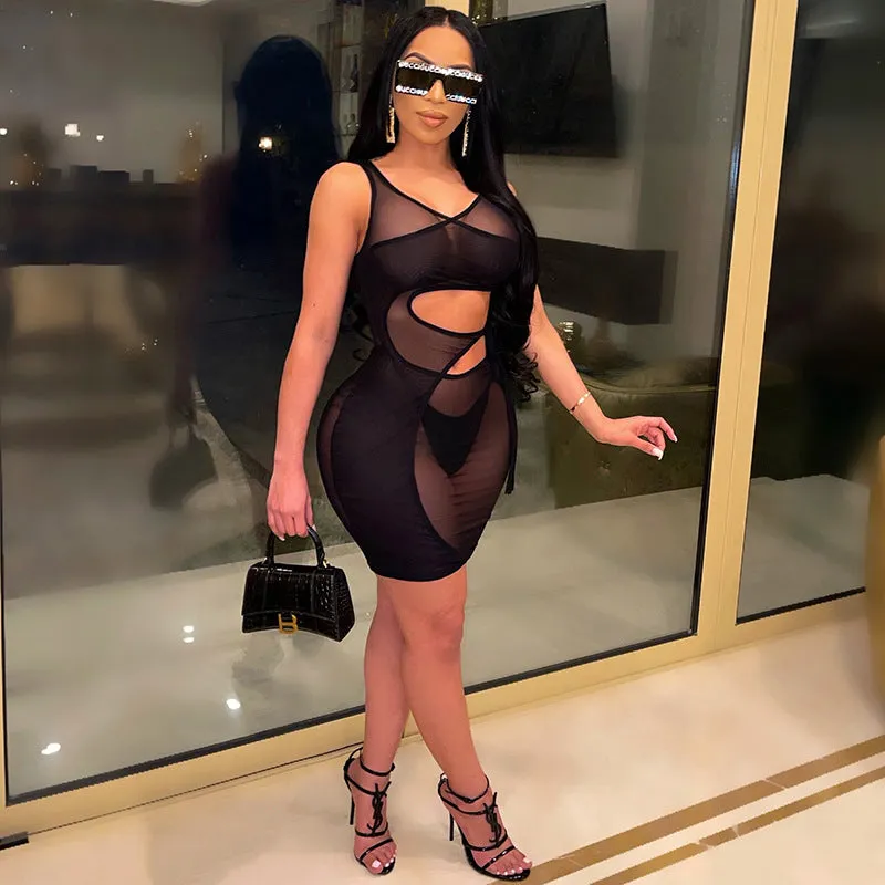 Bandage high stretch nightclub sexy mesh Dress   Underwear