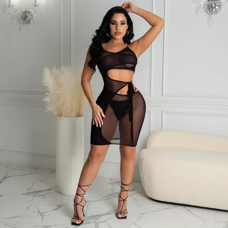 Bandage high stretch nightclub sexy mesh Dress   Underwear
