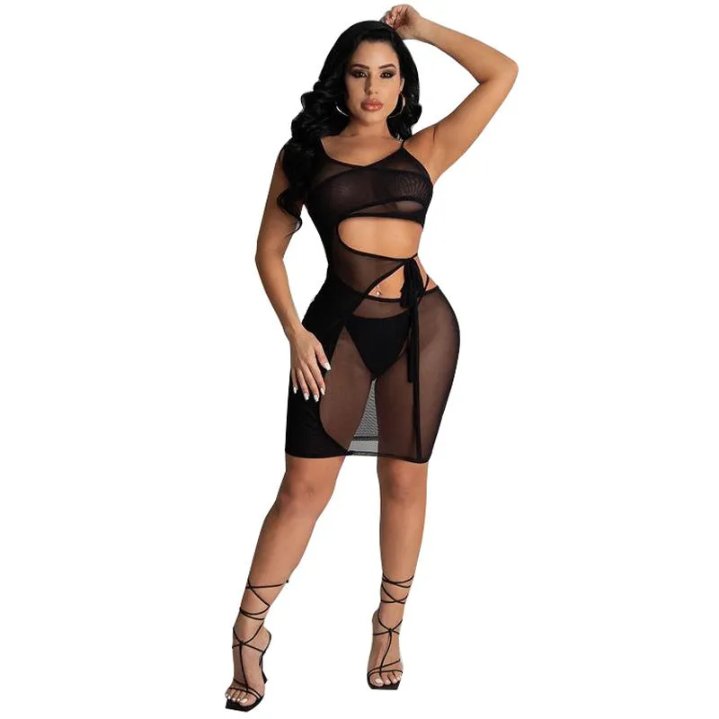 Bandage high stretch nightclub sexy mesh Dress   Underwear