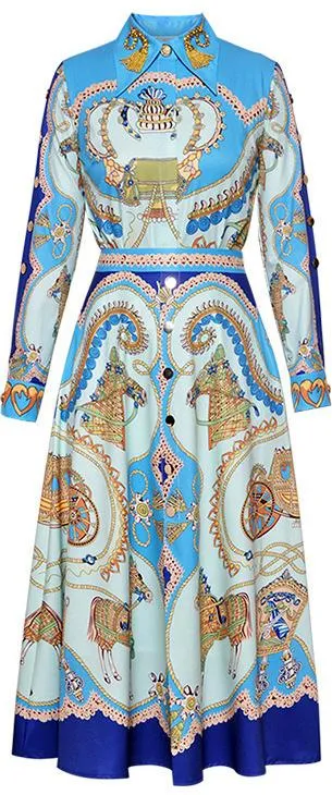 Blue Vintage-Printed Shirt & Button-Embellished Skirt Set