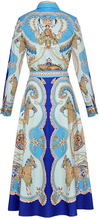 Blue Vintage-Printed Shirt & Button-Embellished Skirt Set