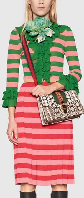 Color-Contrast Ruffle Striped Sweater & Skirt Set