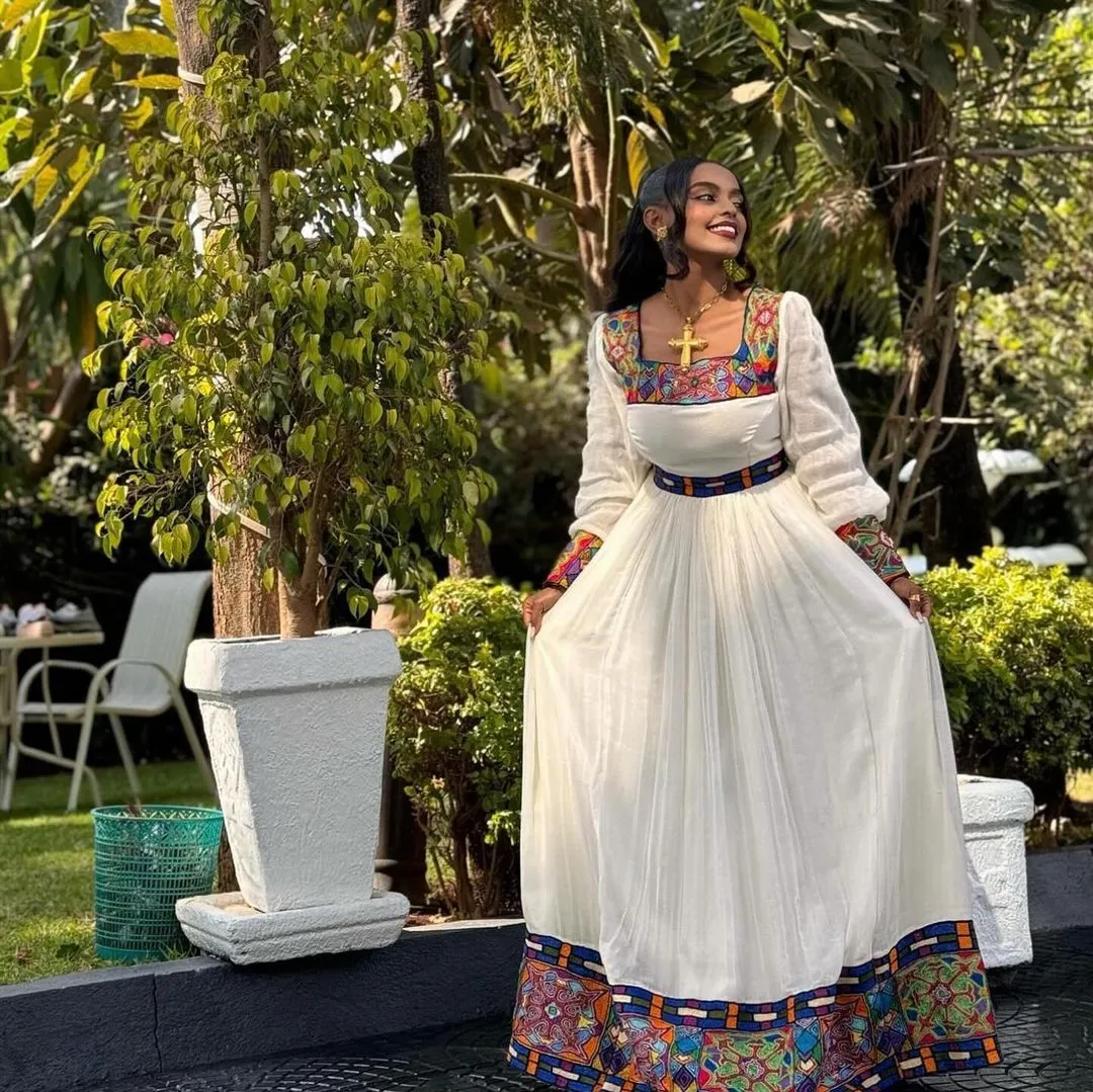 Colorful Pattern Habesha Kemis in Ethiopian Traditional Dress Style