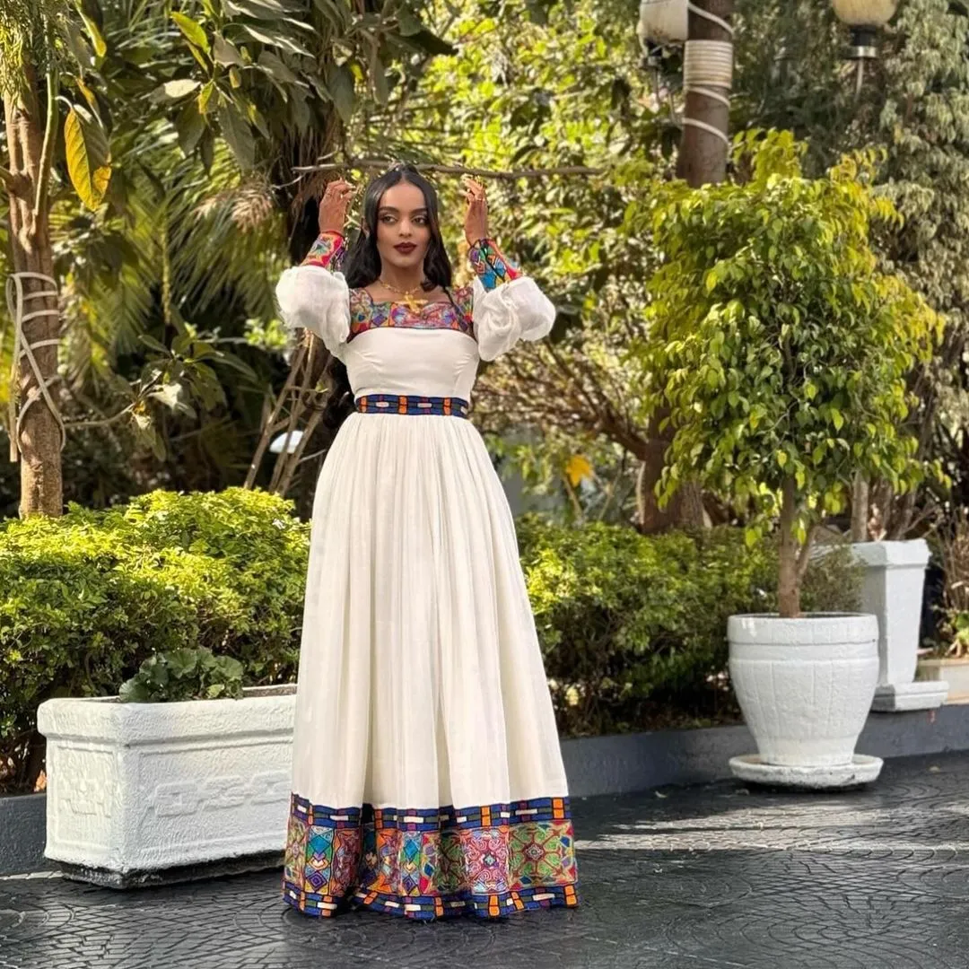 Colorful Pattern Habesha Kemis in Ethiopian Traditional Dress Style