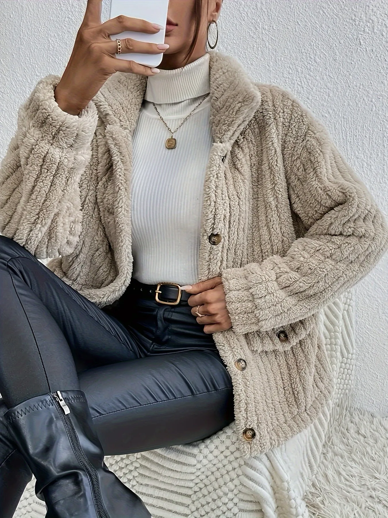 Cozy Dual-Sided Plush Cardigan - Casual Button-Up Outerwear for Women, Machine Washable, Solid Color