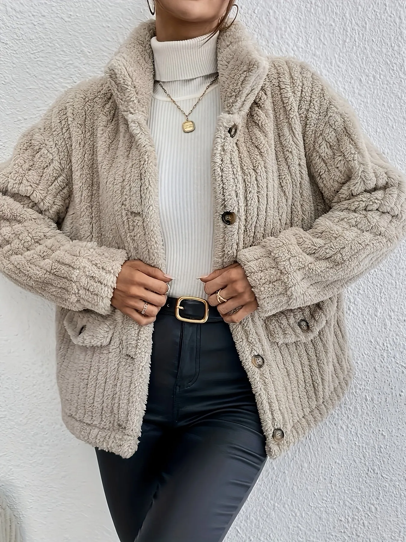 Cozy Dual-Sided Plush Cardigan - Casual Button-Up Outerwear for Women, Machine Washable, Solid Color