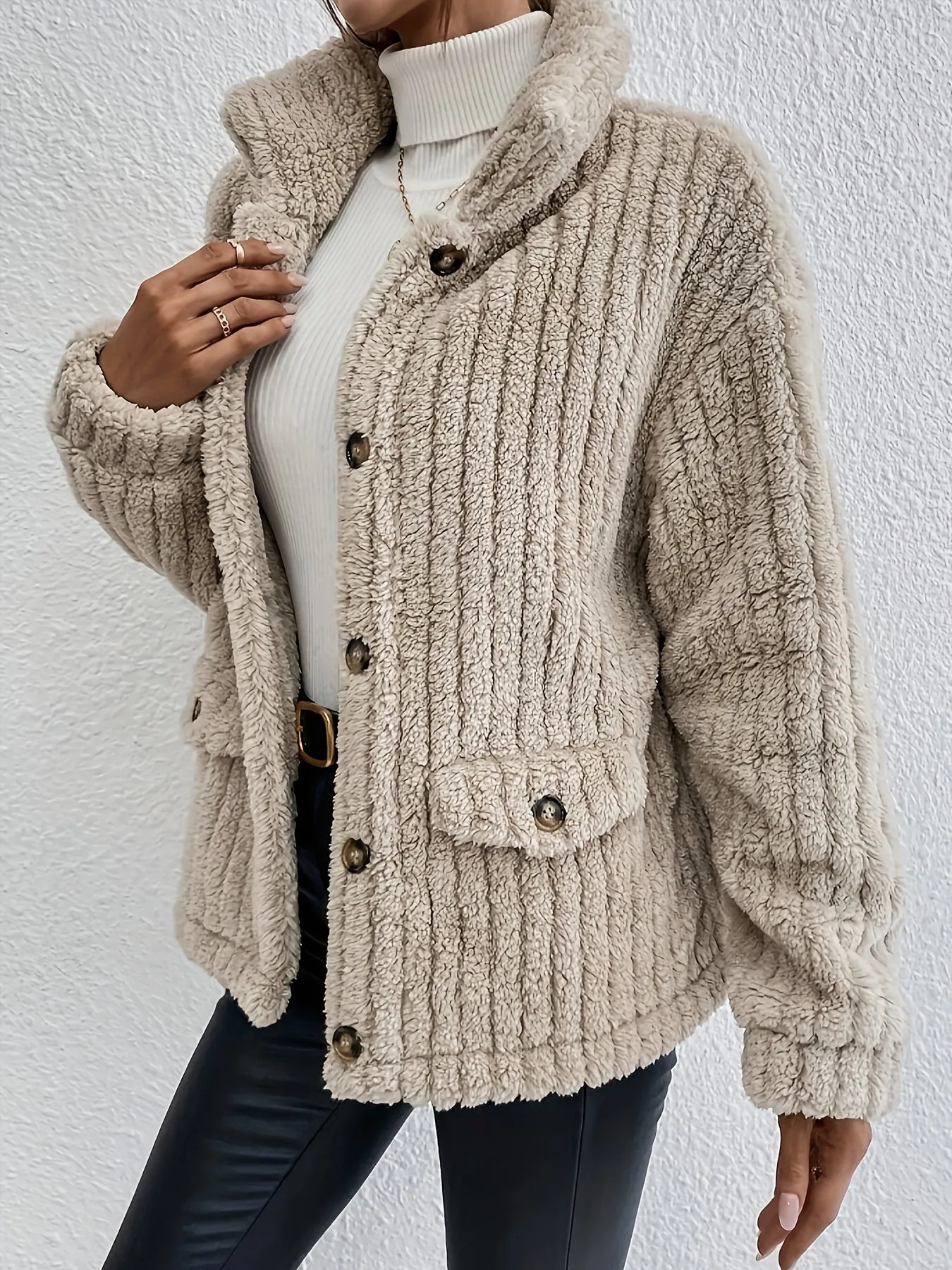 Cozy Dual-Sided Plush Cardigan - Casual Button-Up Outerwear for Women, Machine Washable, Solid Color