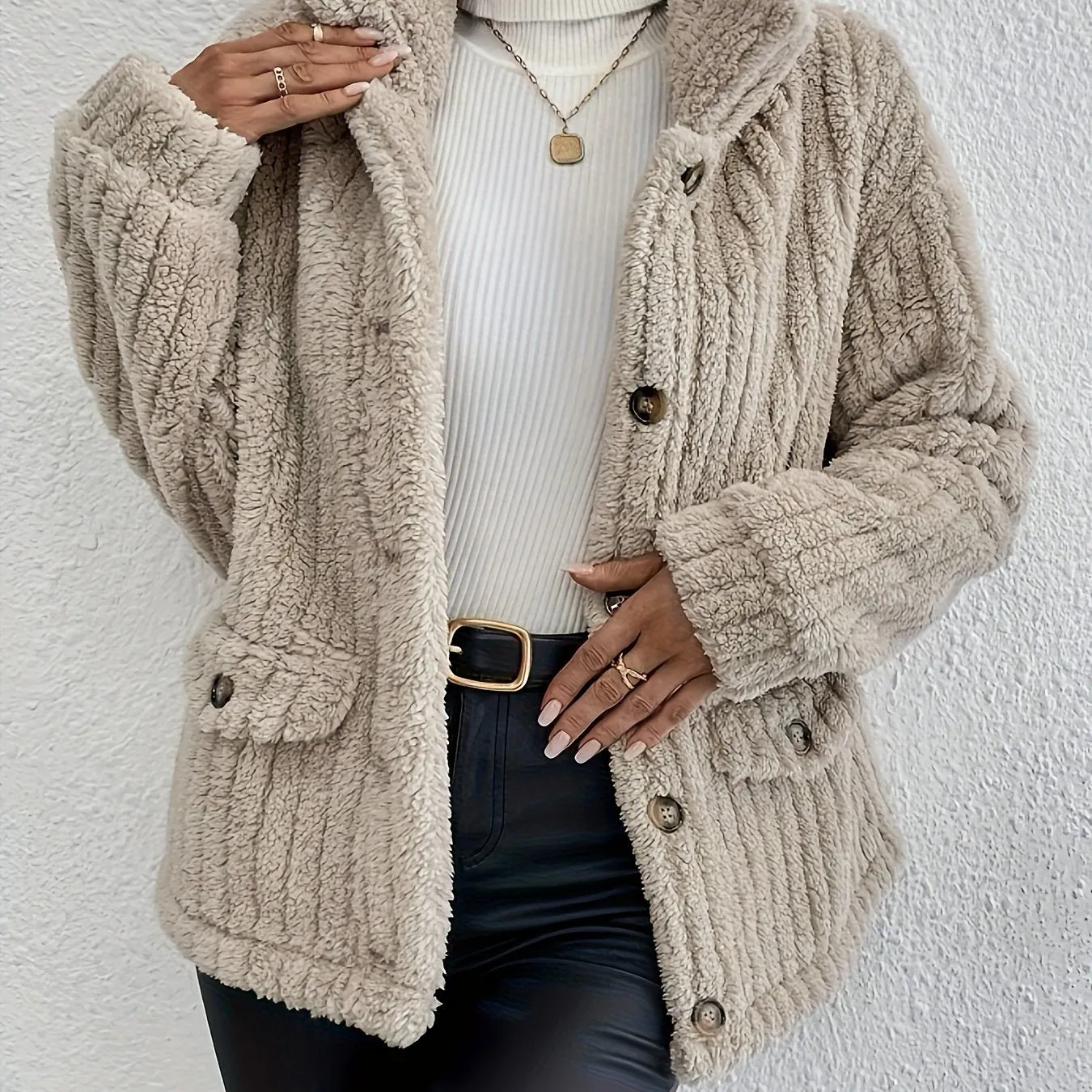 Cozy Dual-Sided Plush Cardigan - Casual Button-Up Outerwear for Women, Machine Washable, Solid Color
