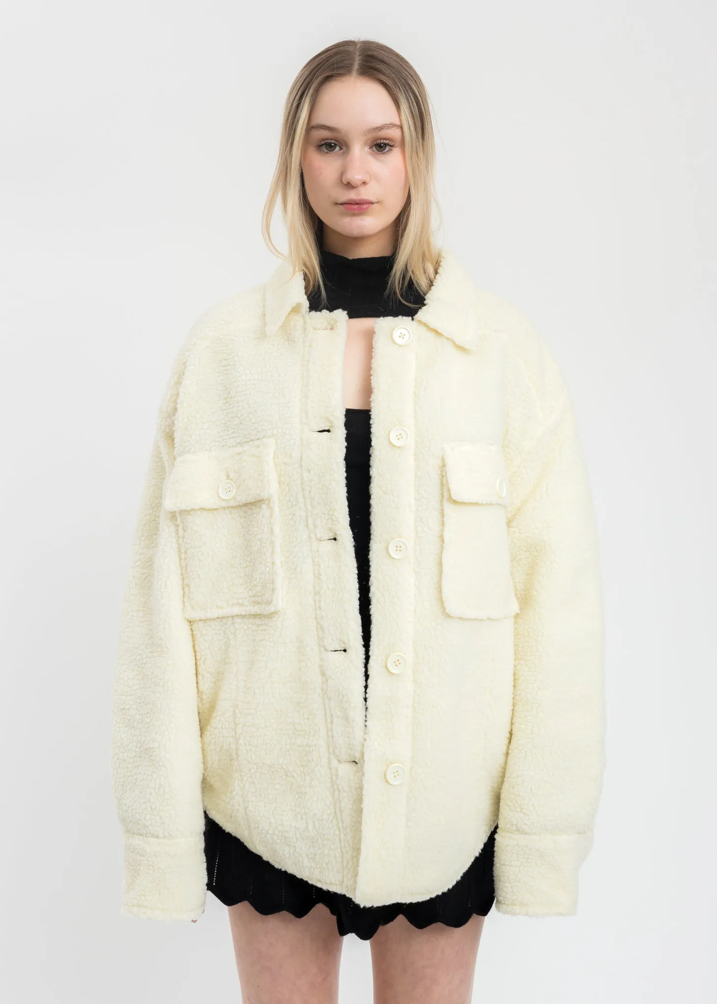 Cream Oversized Sherpa Button-Up Jacket