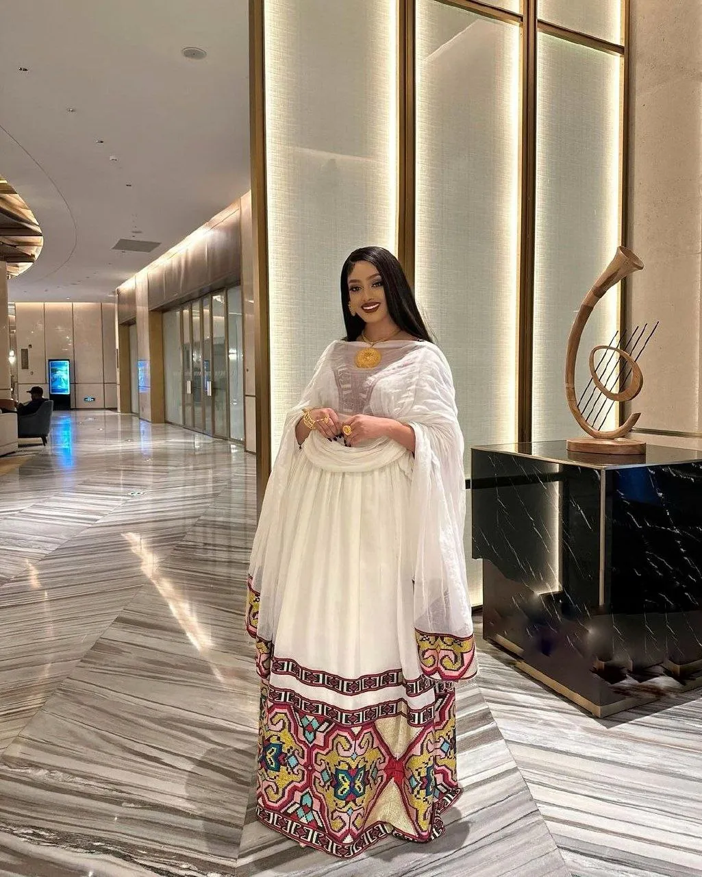 Exquisite Habesha Kemis with Multicolored Design Traditional Ethiopian Dress