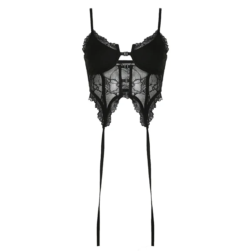 Fashion Chic Black Skinny Lace Top Camis Mini Ruched Transparent Sexy Crop Tops Ladies Hollow Out Underwear Bralette