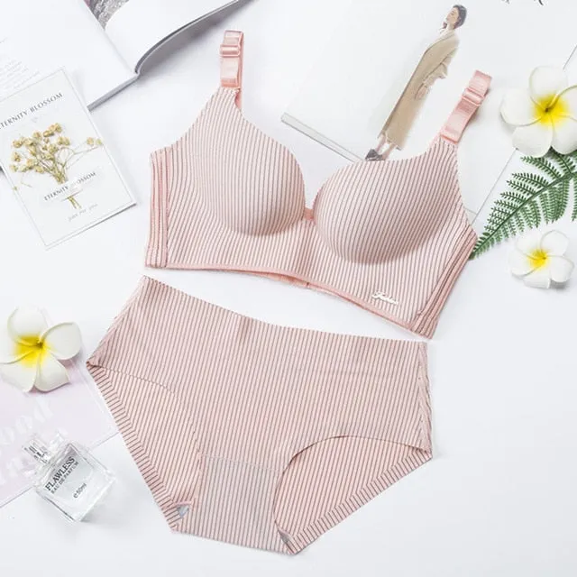 High End Brand Romantic Temptation Bra Set Women Striped Underwear Push Up Seamless Lingerie Female Sets 90C