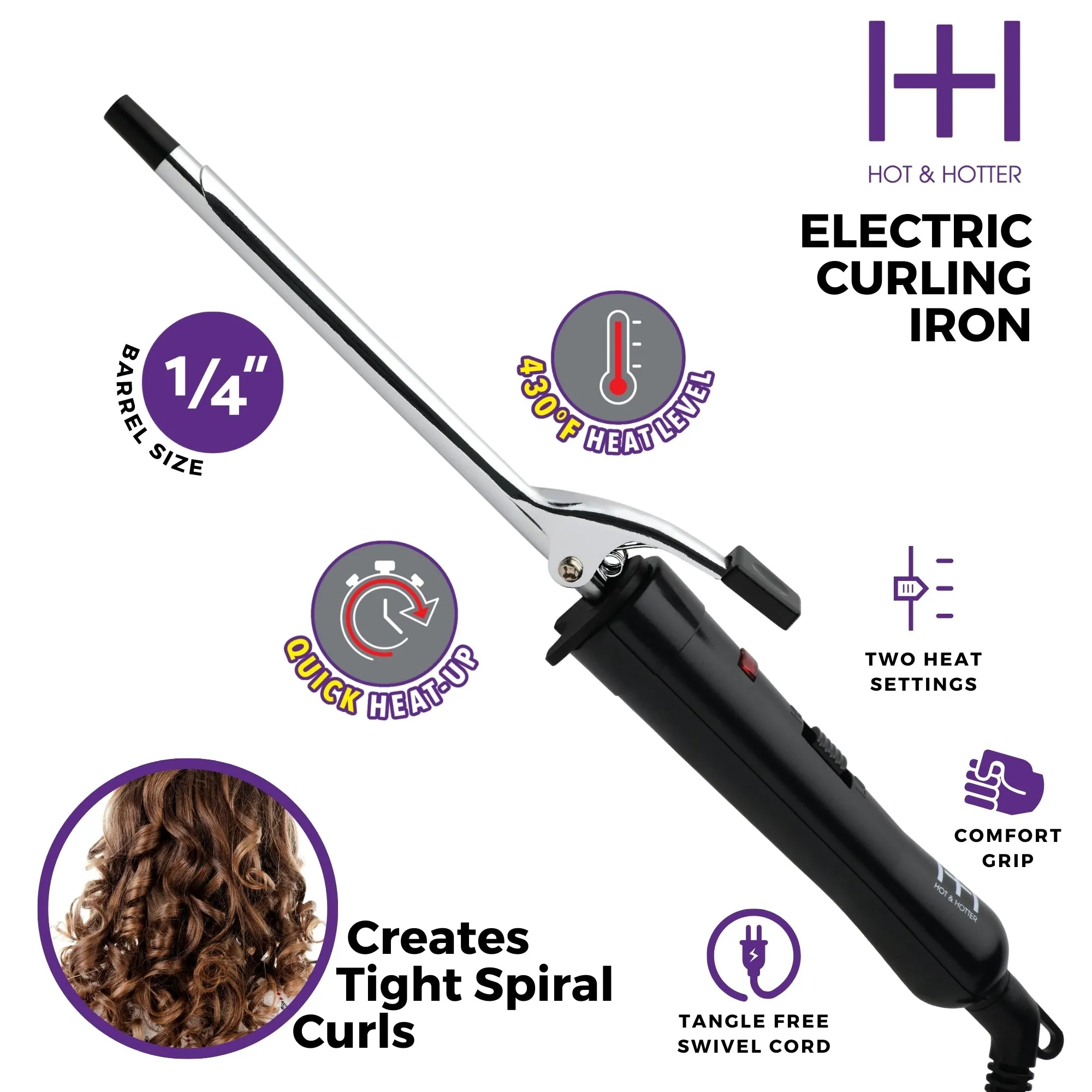 Hot & Hotter Electrical Curling Iron - 1/4 Inch, Silver