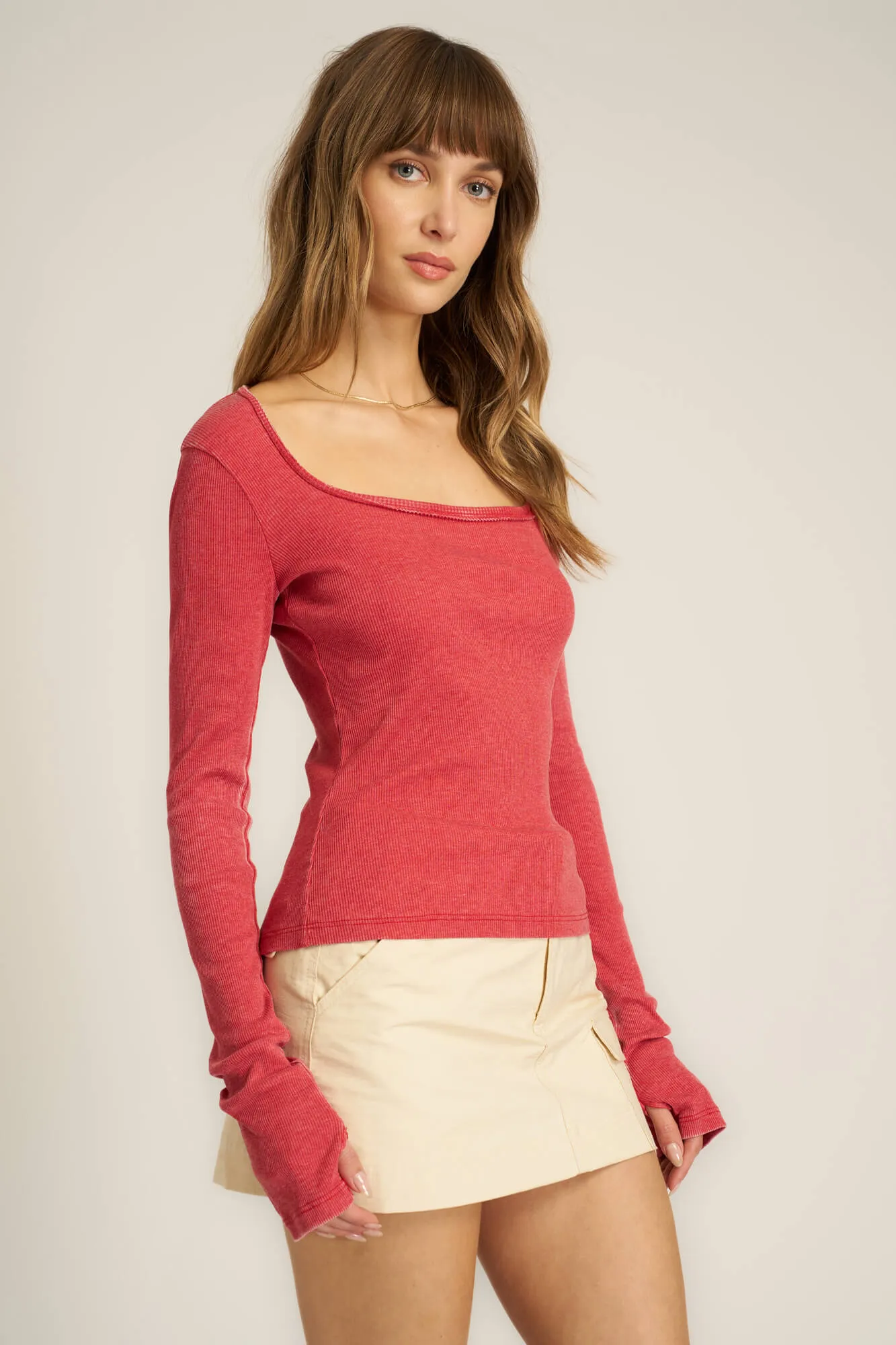 Kami Burnout Square Neck Long Sleeve - Red Dahlia