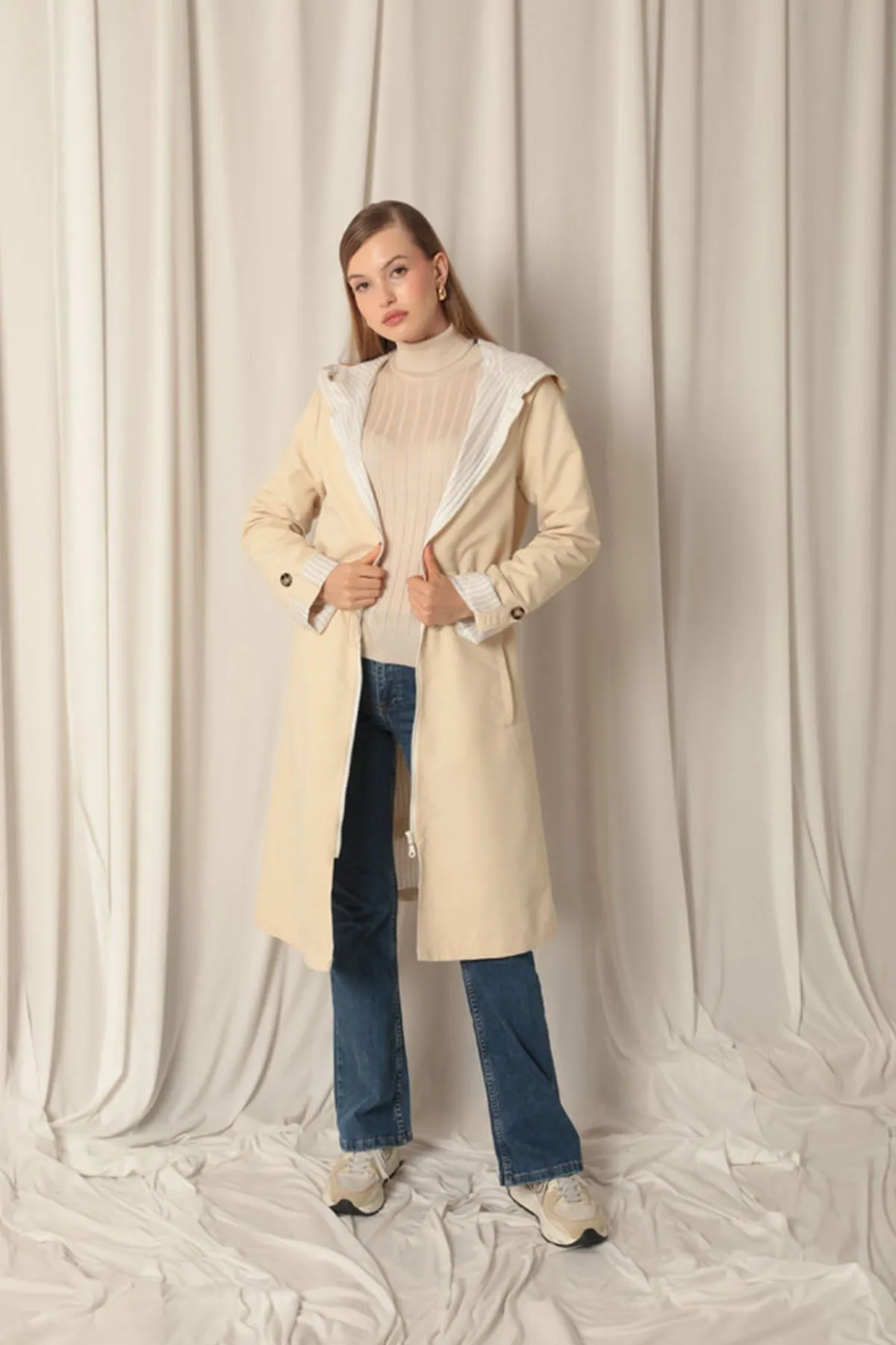 KKT Torino Fabric Striped Hooded Women's Stone Raincoat - Barsinghausen