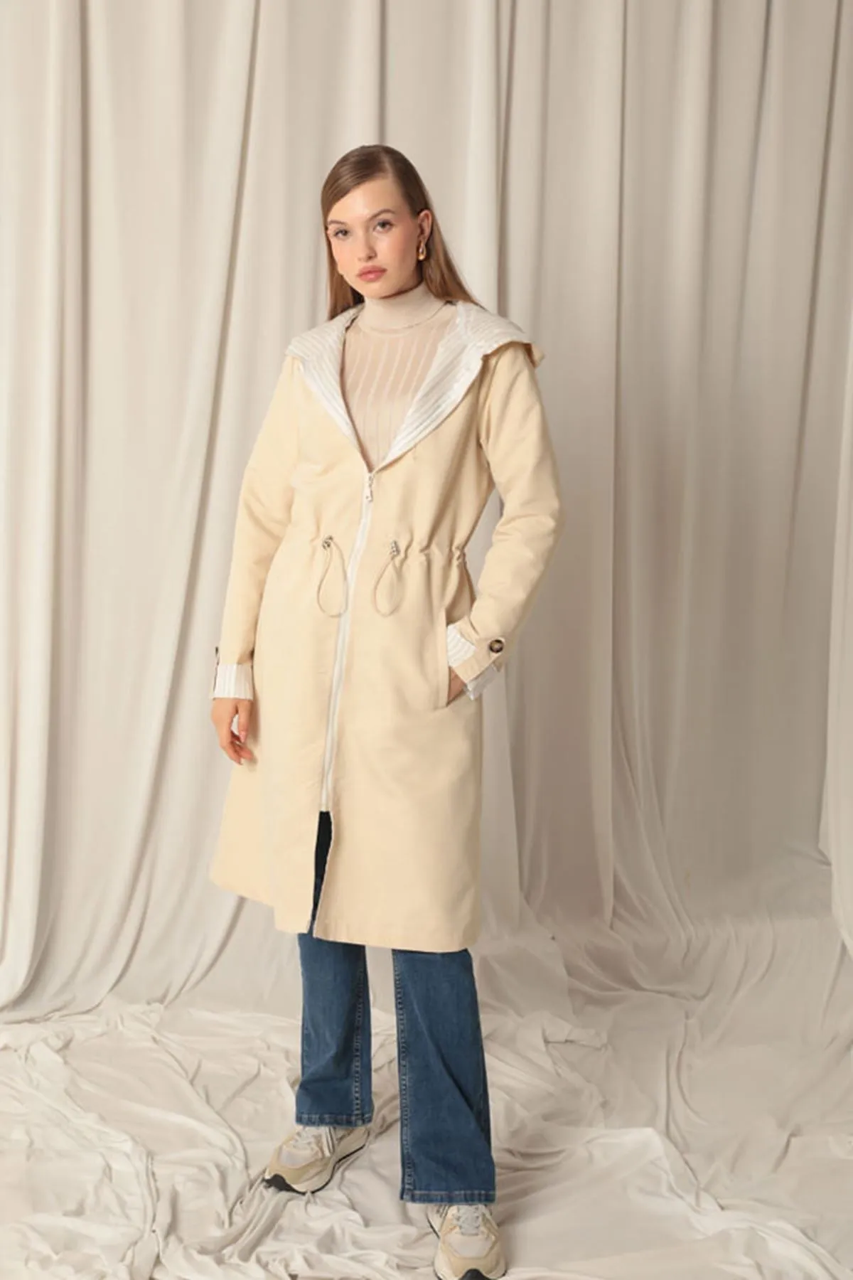 KKT Torino Fabric Striped Hooded Women's Stone Raincoat - Barsinghausen