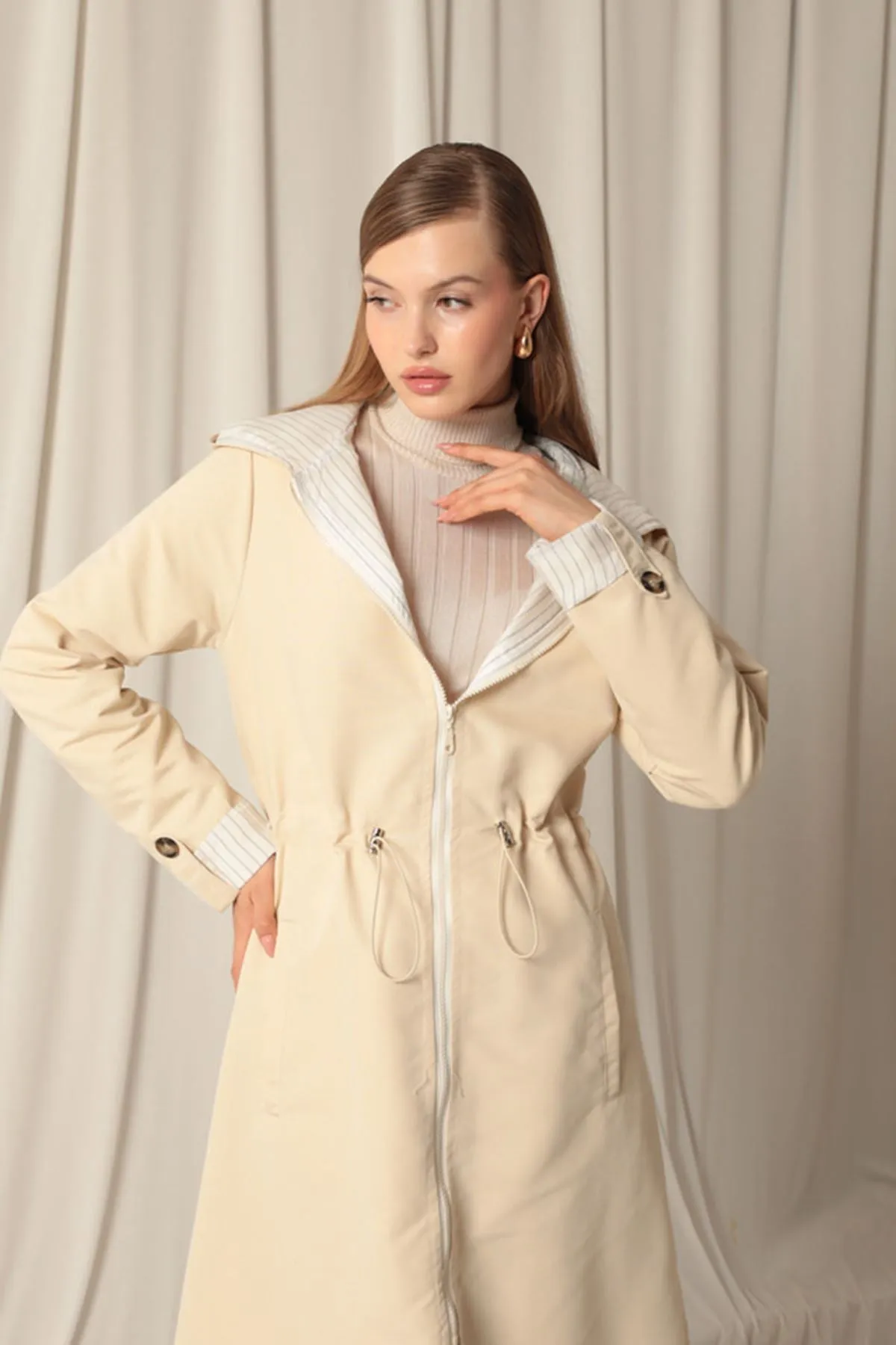KKT Torino Fabric Striped Hooded Women's Stone Raincoat - Barsinghausen