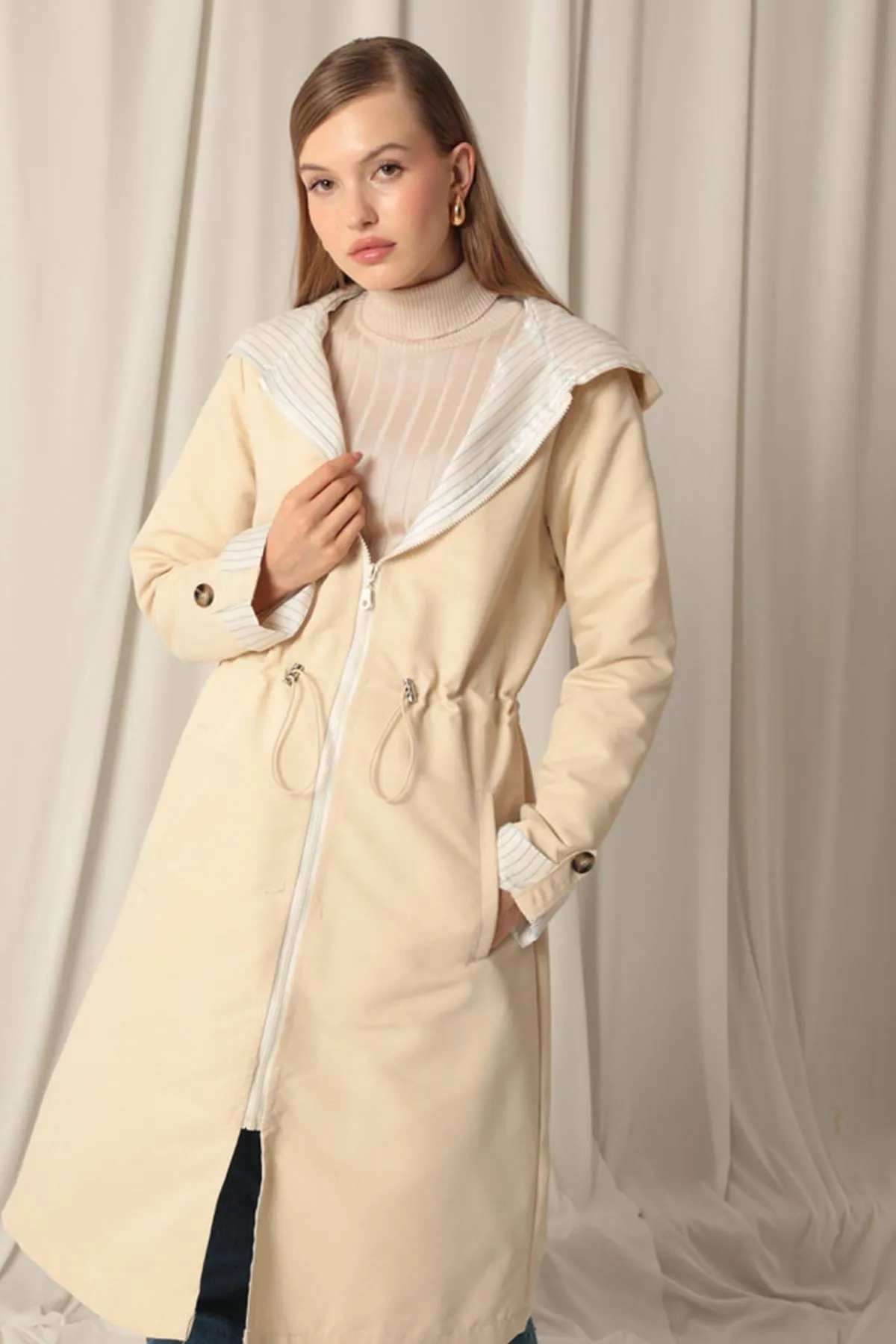 KKT Torino Fabric Striped Hooded Women's Stone Raincoat - Barsinghausen