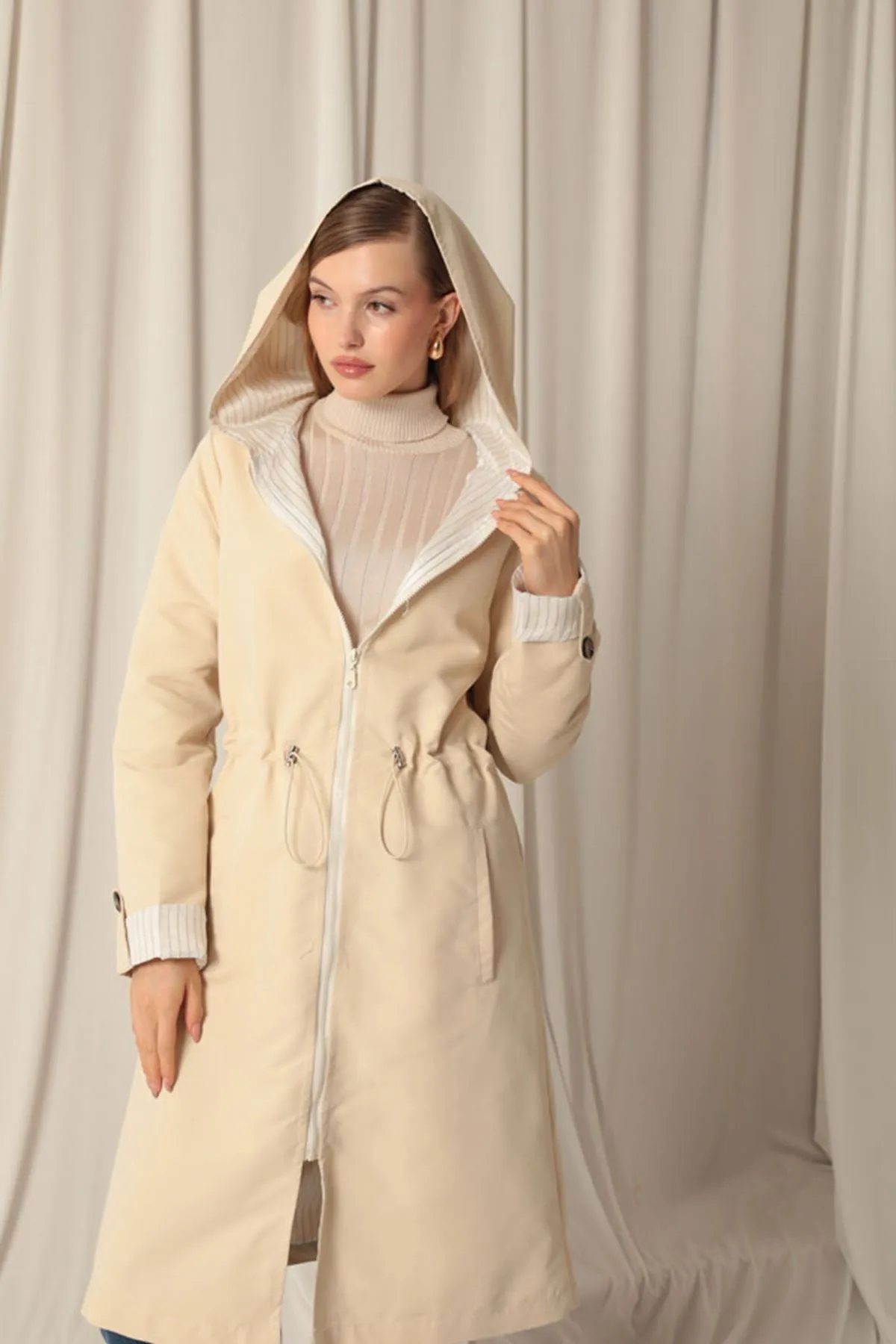 KKT Torino Fabric Striped Hooded Women's Stone Raincoat - Barsinghausen