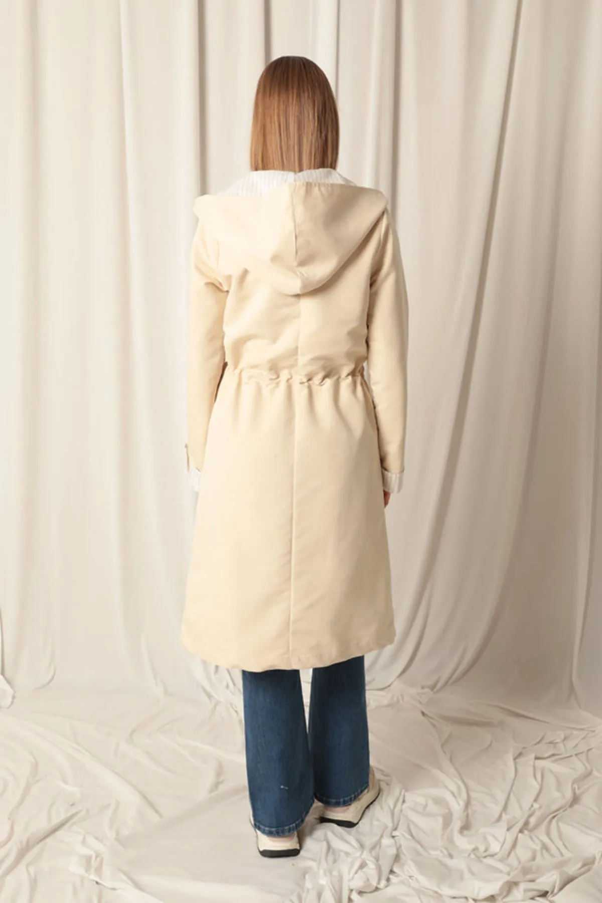 KKT Torino Fabric Striped Hooded Women's Stone Raincoat - Barsinghausen