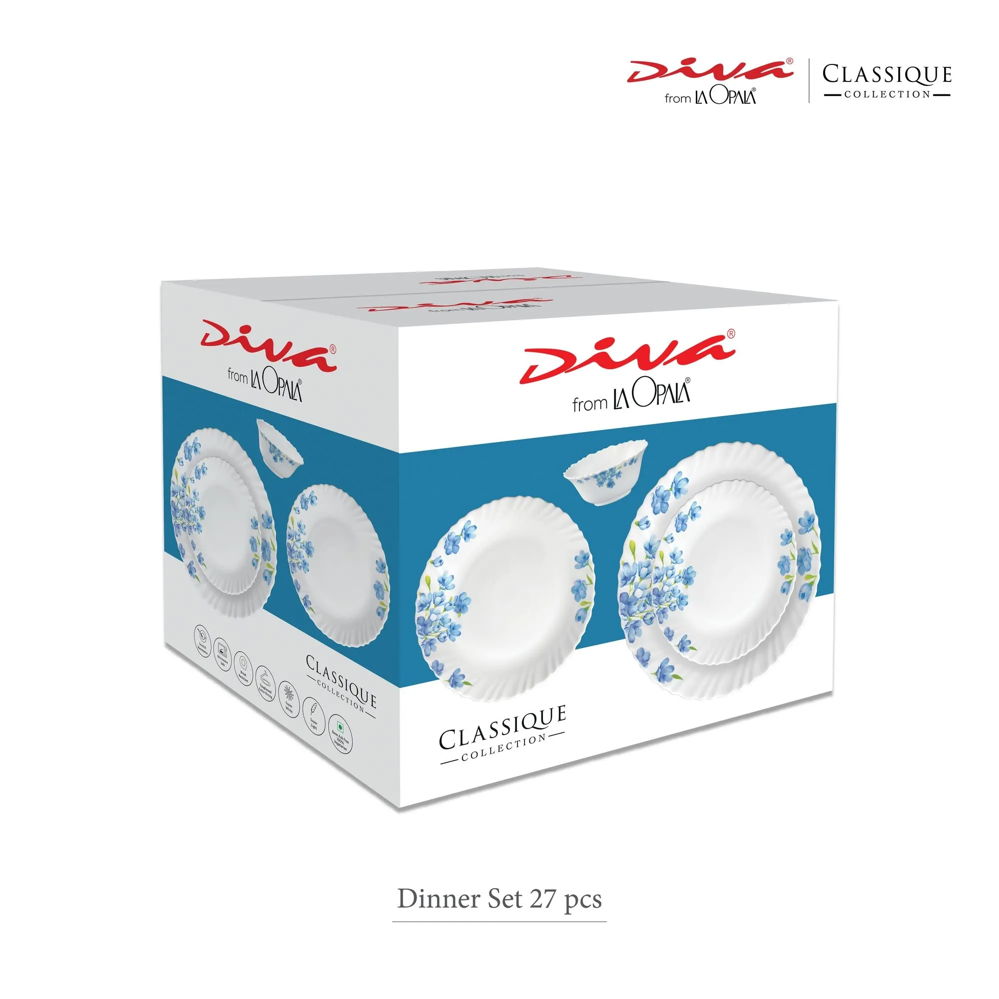 La Opala Diva, Classique Collection, Opal Glass Dinner Set 27 pcs, Twilight Bouquet, White, Standard