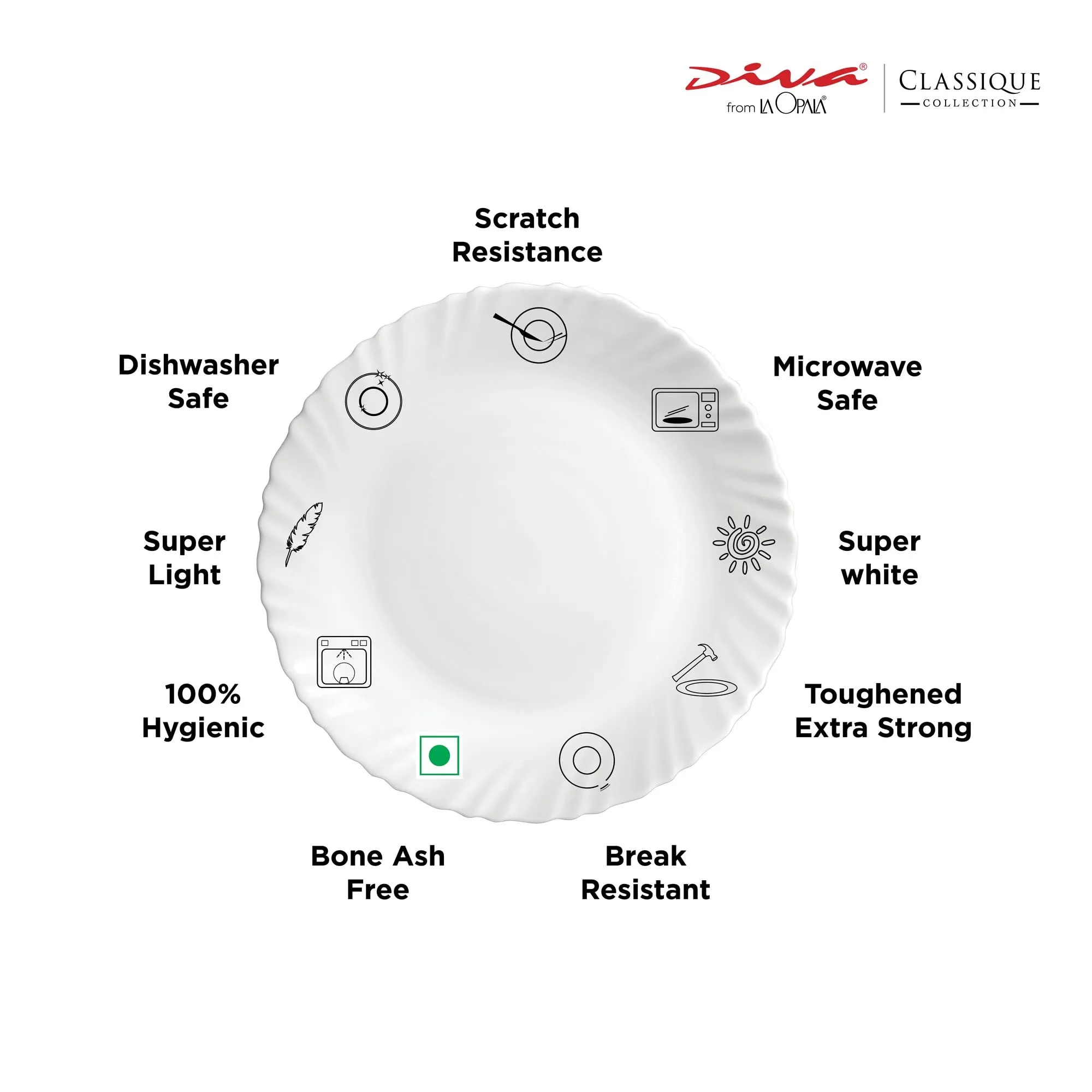 La Opala Diva, Classique Collection, Opal Glass Dinner Set 27 pcs, Twilight Bouquet, White, Standard