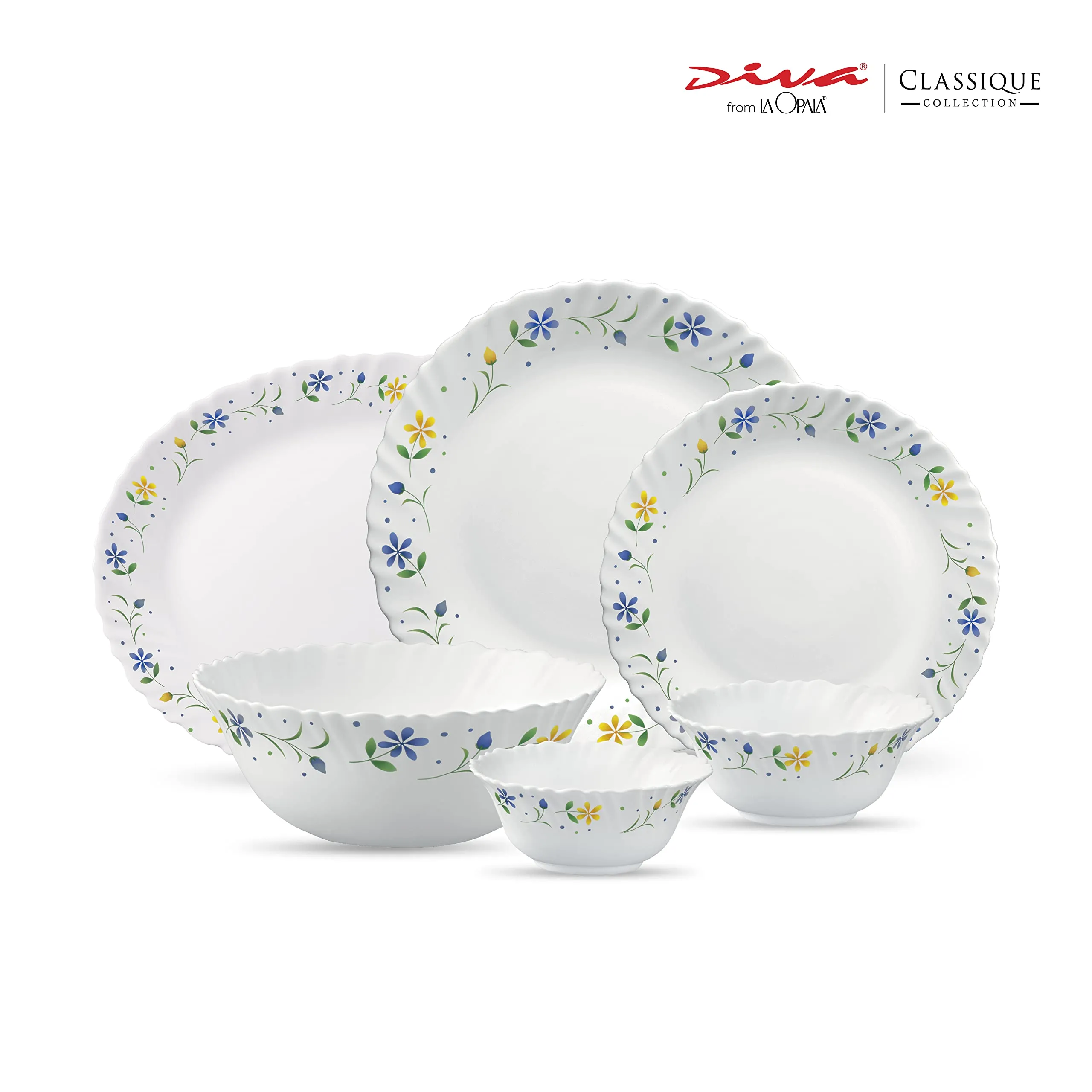La Opala Diva, Classique Collection, Opal Glass Dinner Set 27 pcs, Twilight Bouquet, White