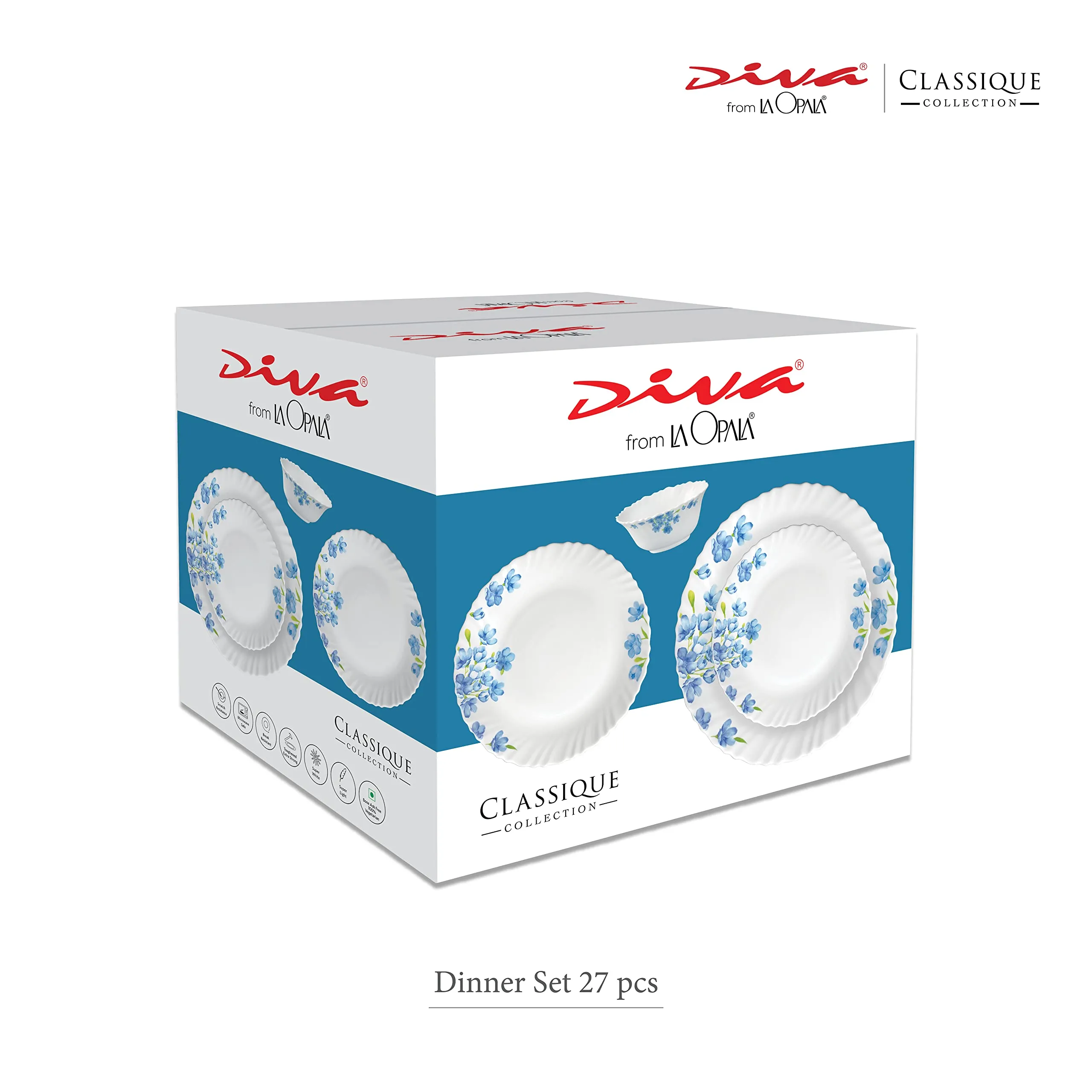 La Opala Diva, Classique Collection, Opal Glass Dinner Set 27 pcs, Twilight Bouquet, White