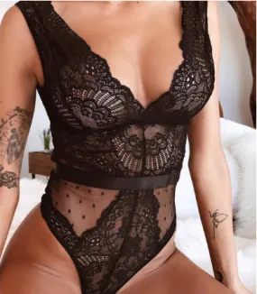 Lace Bodysuit Floral Embroidery Deep V Neck