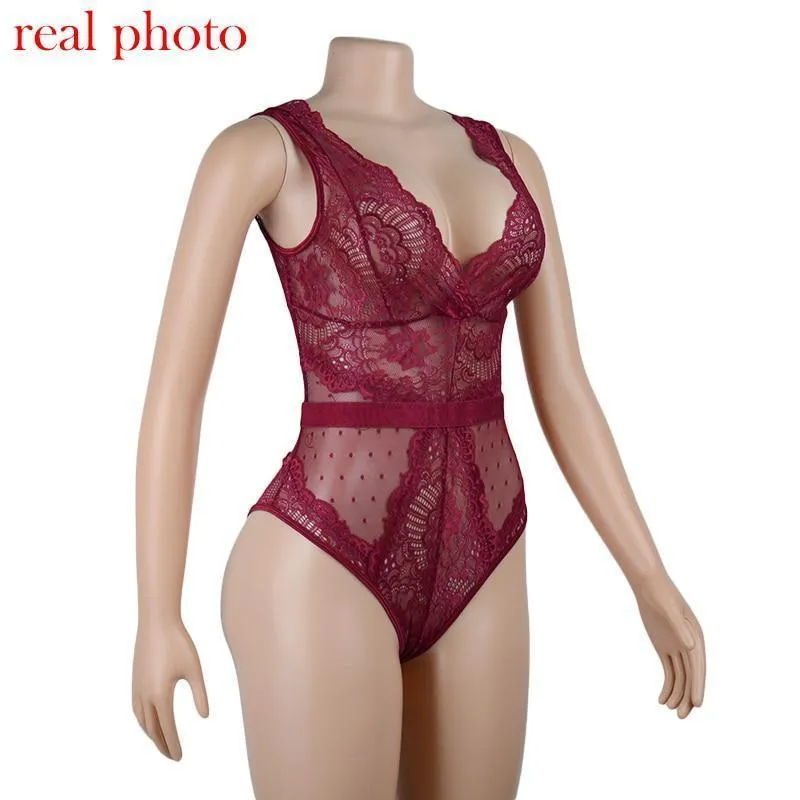 Lace Bodysuit Floral Embroidery Deep V Neck