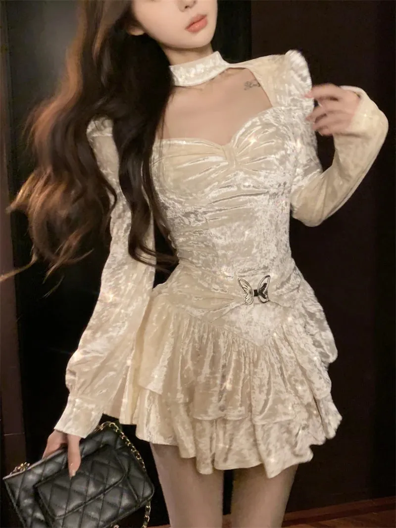 LANFUBEISI Summer butterfly tie fairy princess dress  new sequin mesh sweet girl puff sleeve dress dress for women short prom dress