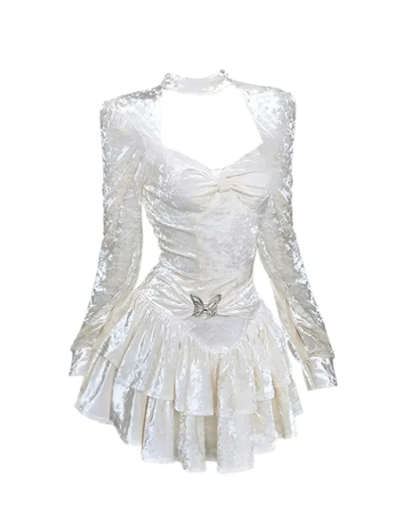 LANFUBEISI Summer butterfly tie fairy princess dress  new sequin mesh sweet girl puff sleeve dress dress for women short prom dress