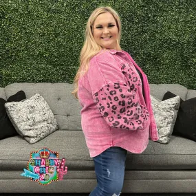 Magenta Corduroy Shacket with Leopard Print on Sleeve