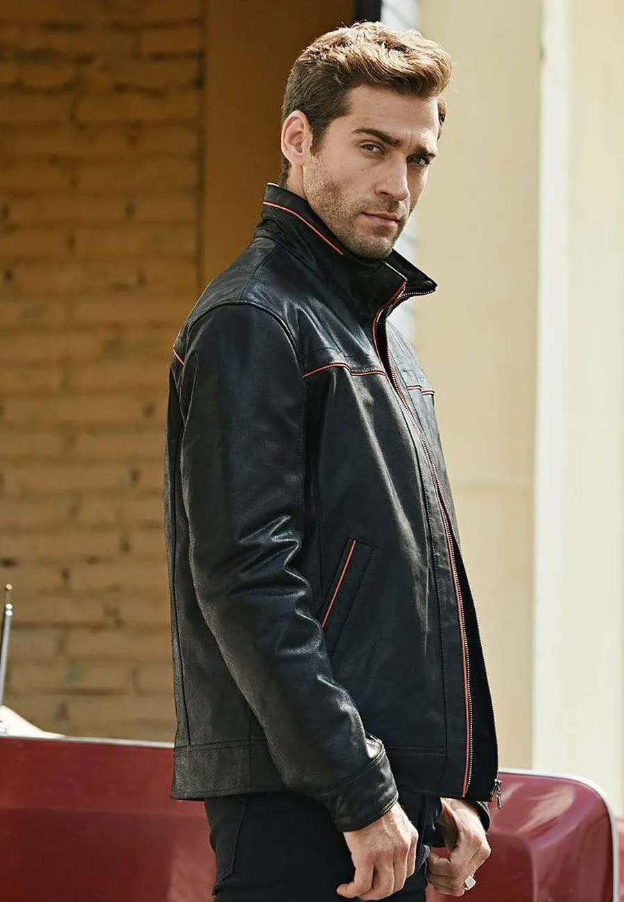 Men's Black Leather Jacket With Red Stripes