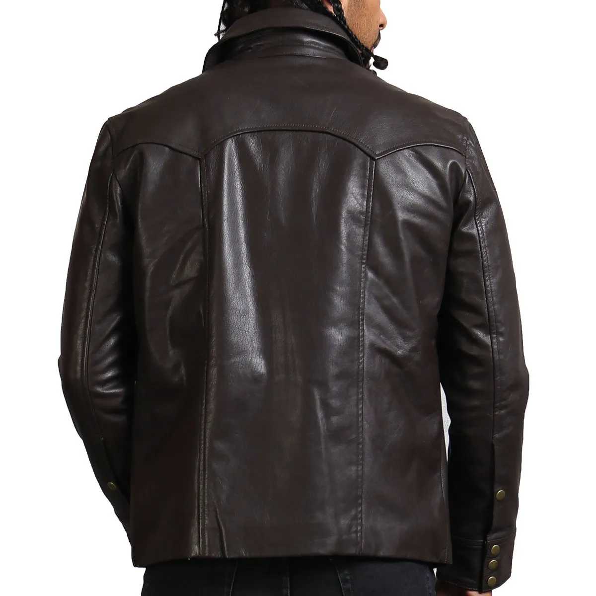 Men's Dark Brown Trucker Leather Jacket with Button Closure and Front Pockets