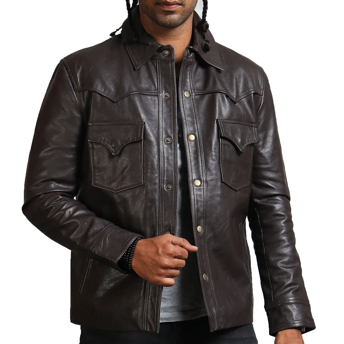 Men's Dark Brown Trucker Leather Jacket with Button Closure and Front Pockets