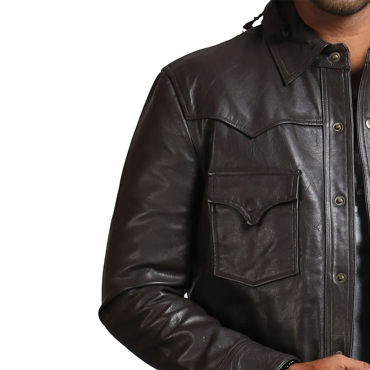 Men's Dark Brown Trucker Leather Jacket with Button Closure and Front Pockets