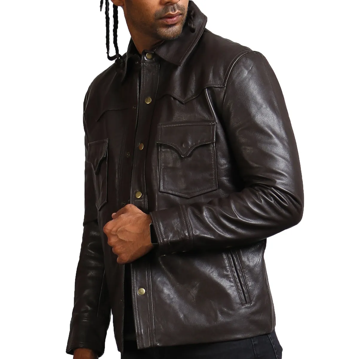 Men's Dark Brown Trucker Leather Jacket with Button Closure and Front Pockets