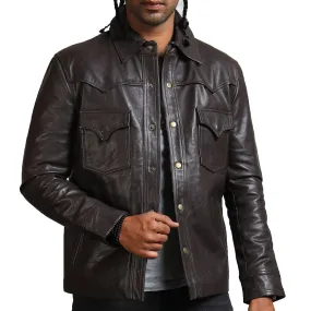 Men's Dark Brown Trucker Leather Jacket with Button Closure and Front Pockets