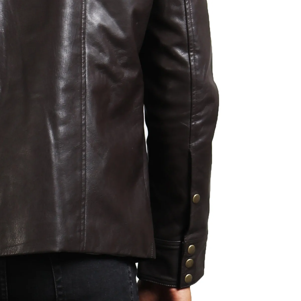 Men's Dark Brown Trucker Leather Jacket with Button Closure and Front Pockets
