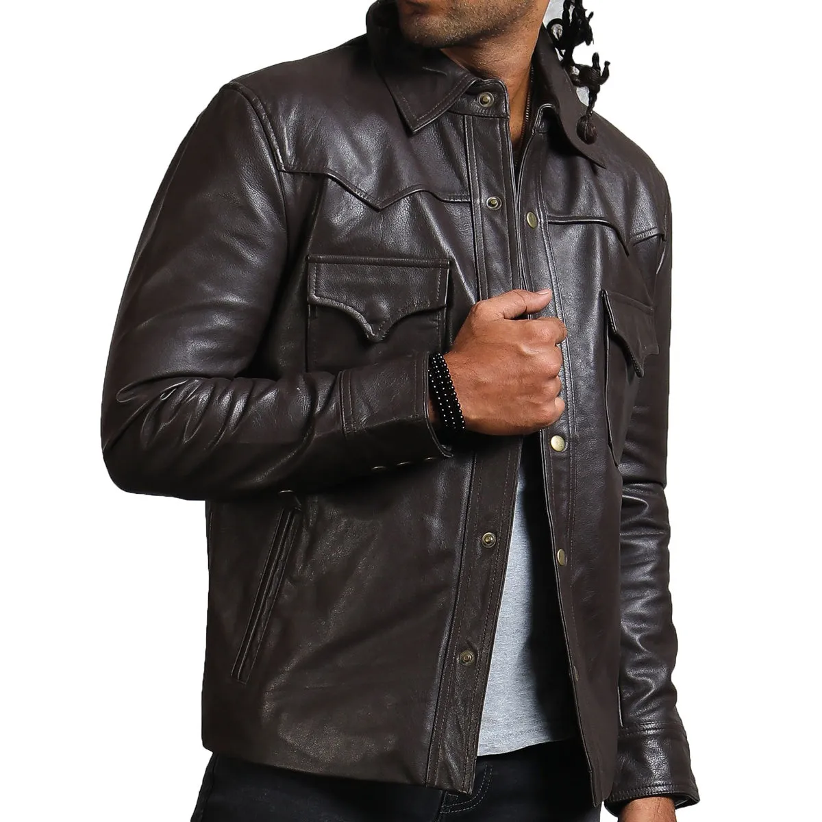Men's Dark Brown Trucker Leather Jacket with Button Closure and Front Pockets