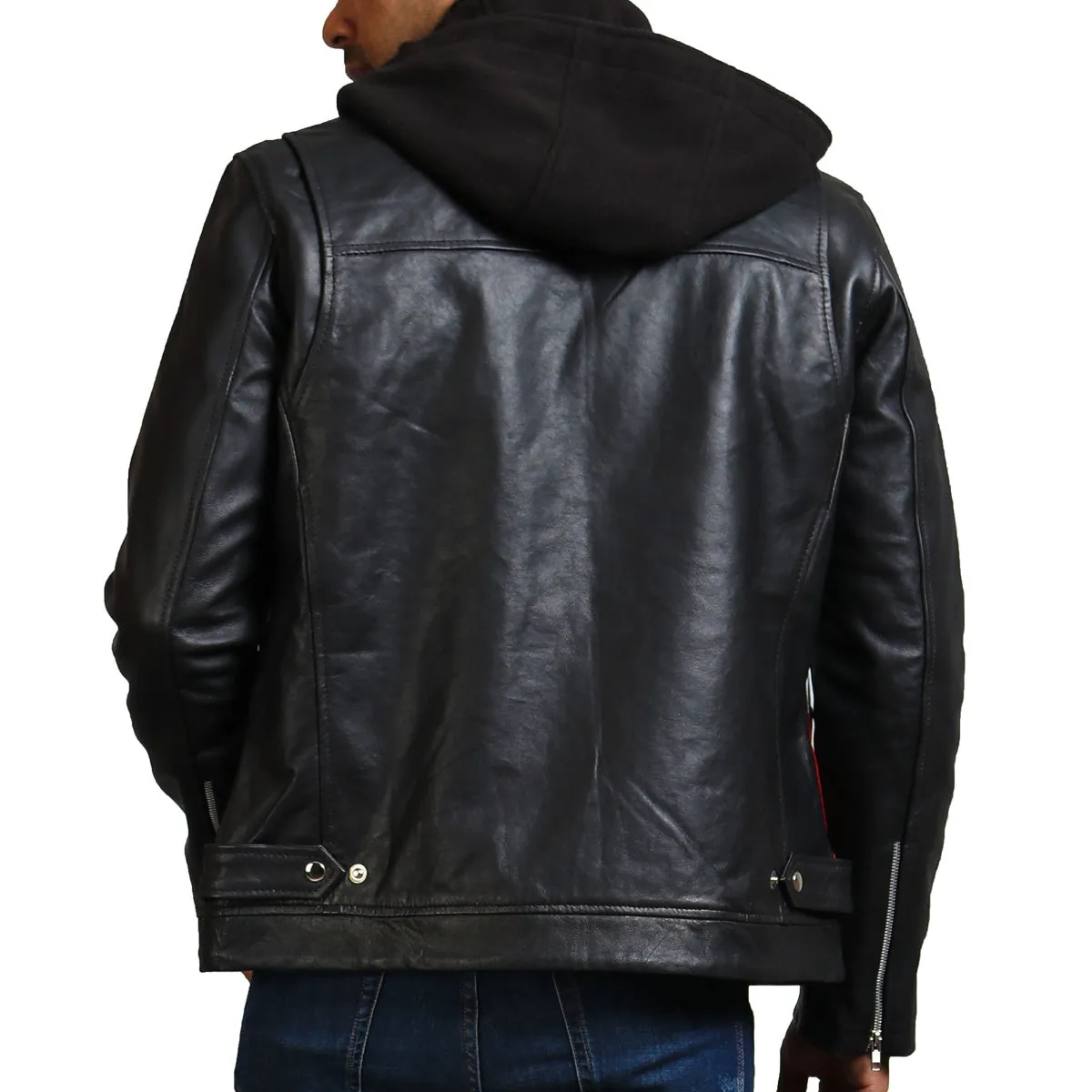 Men's Red and Black Leather Jacket with Hood and White Accent