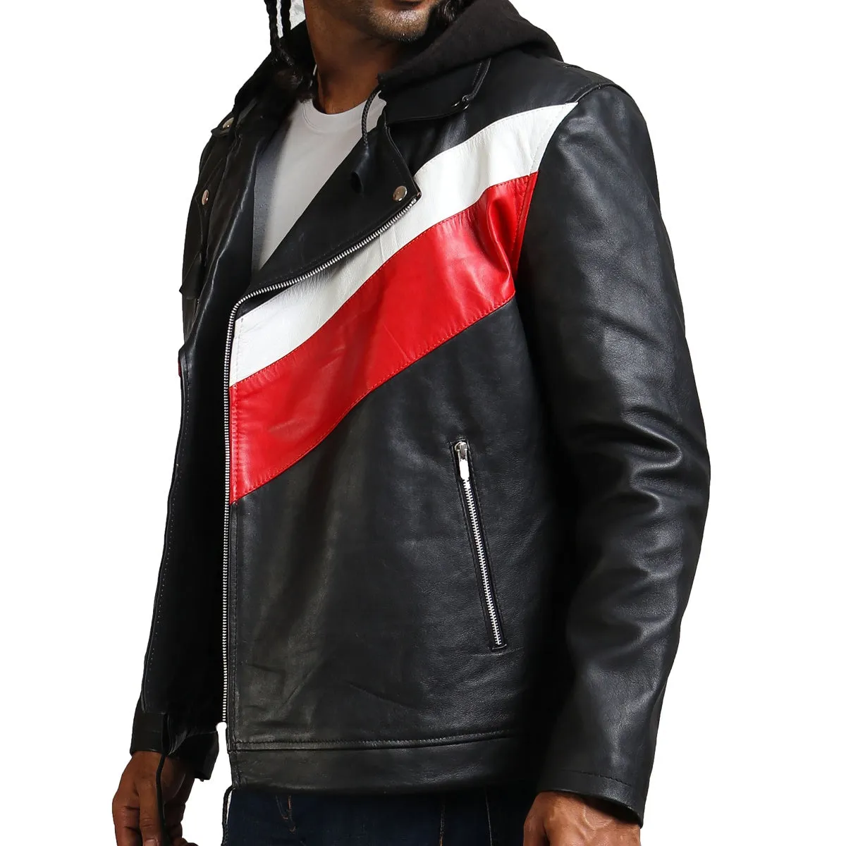 Men's Red and Black Leather Jacket with Hood and White Accent