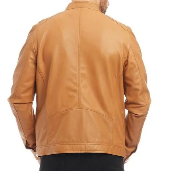 Men's Tan Genuine Leather Racer Neck Jacket