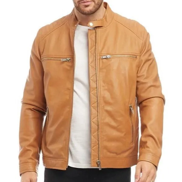 Men's Tan Genuine Leather Racer Neck Jacket