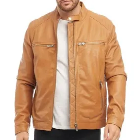 Men's Tan Genuine Leather Racer Neck Jacket