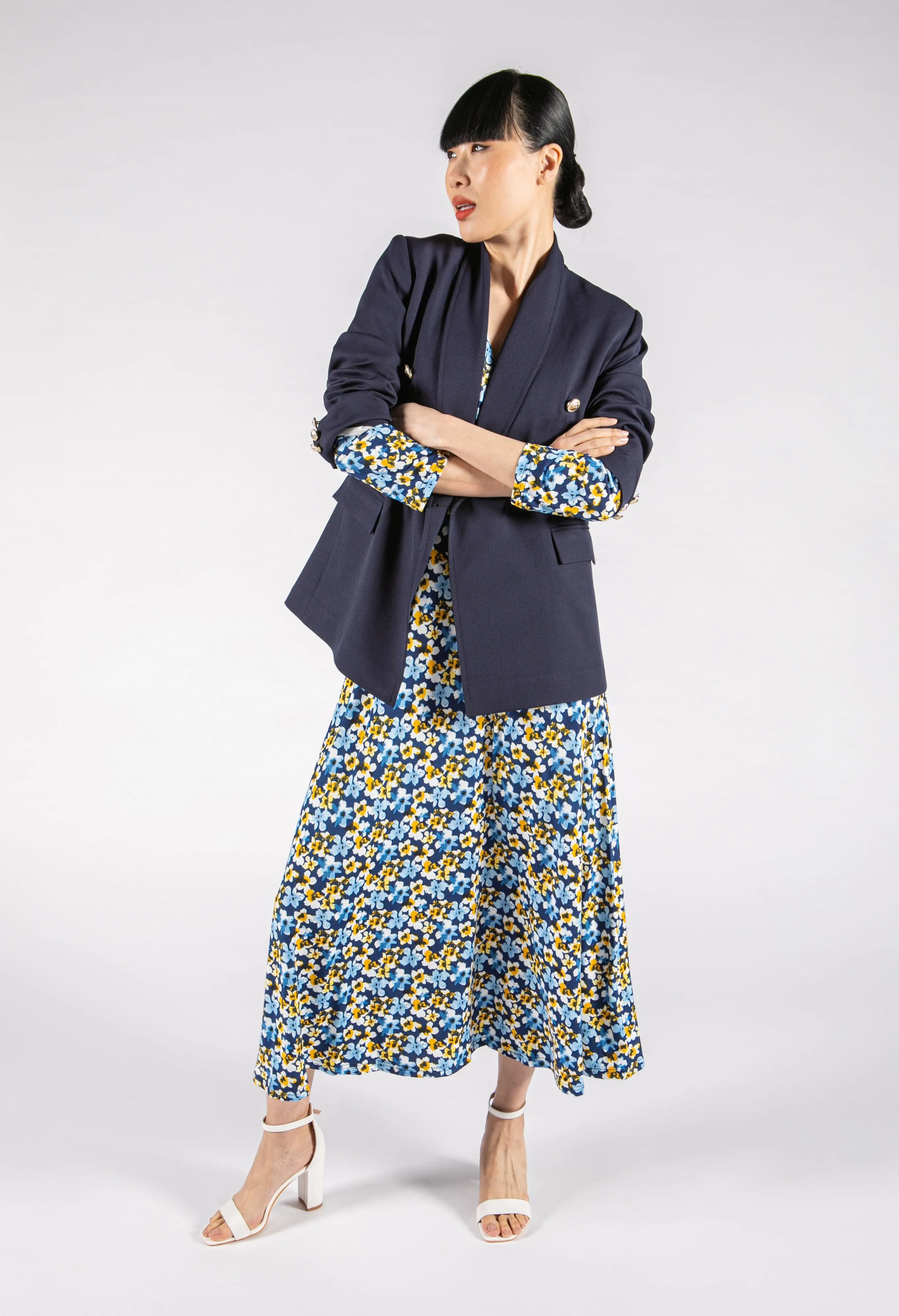 Navy Bloom Wrap Bodice Dress
