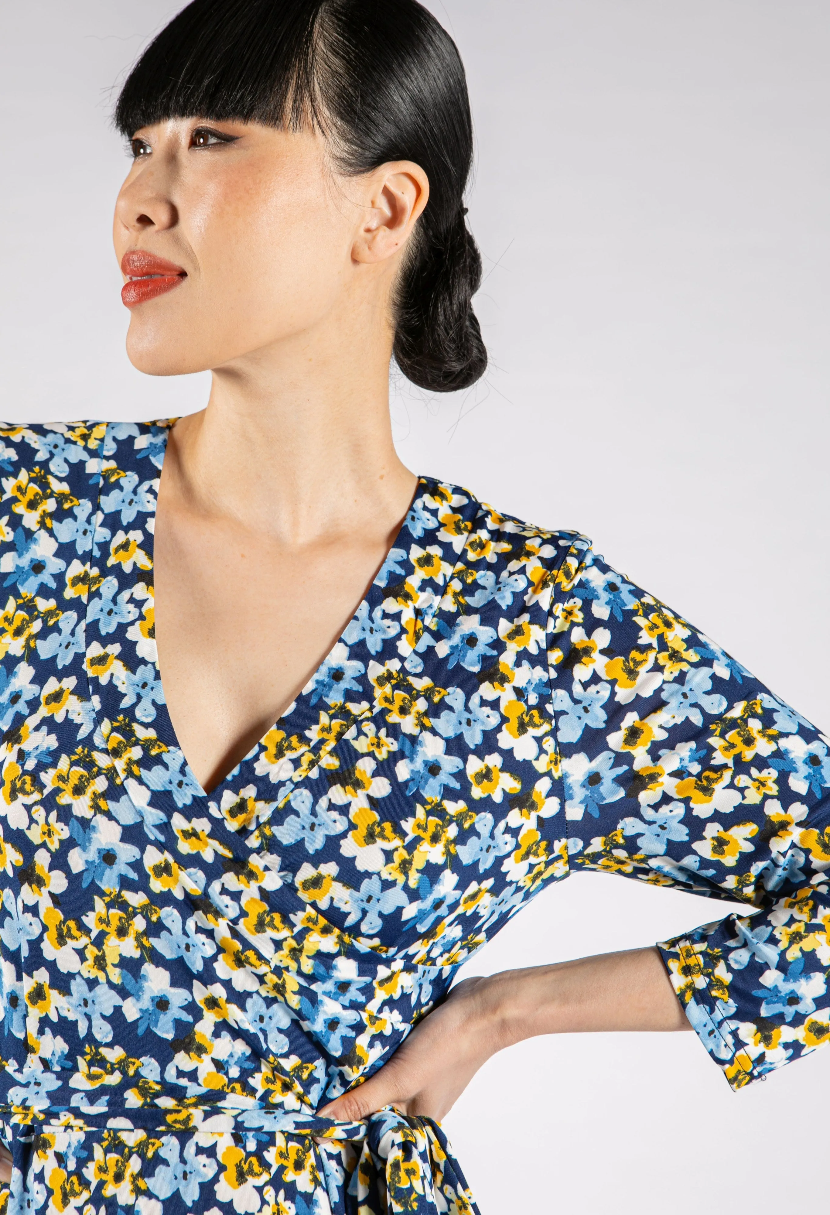 Navy Bloom Wrap Bodice Dress